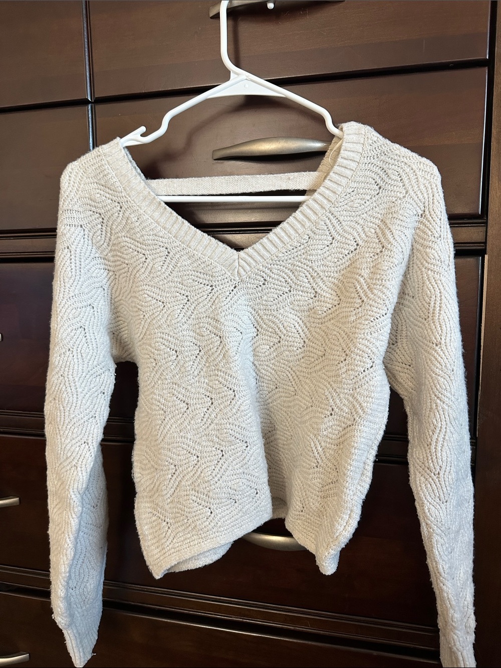 Pink Rose Cream V-Neck Textured Knit Sweater